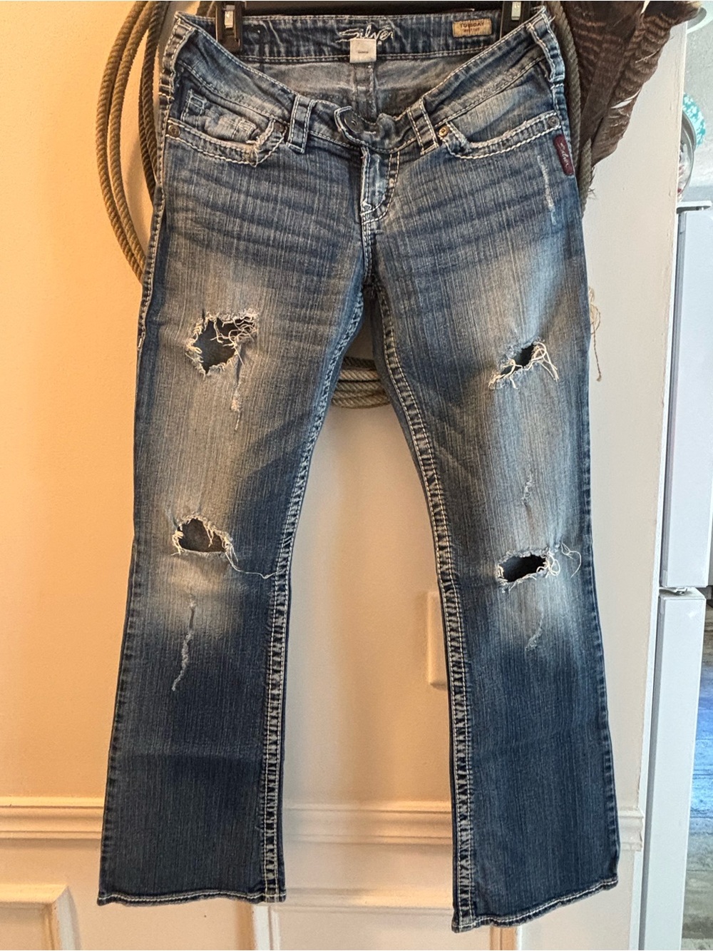 Silver Jeans Distressed Blue Boot Cut Jeans
